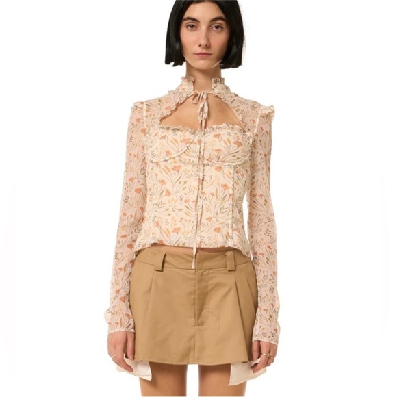 More to Come- Revolve Floral Mesh Longsleeve Tie Blouse - Picture 1 of 9